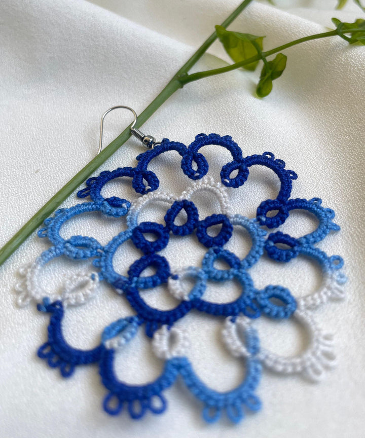 Navy blue white handmade tatting cotton earring