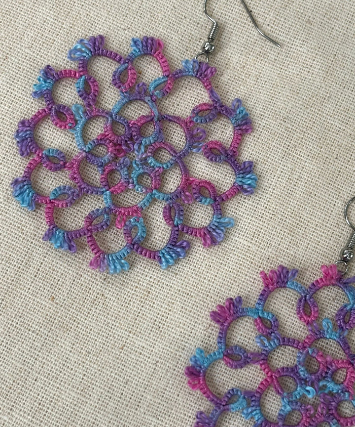 Navy blue cyan blue handmade tatting cotton earring