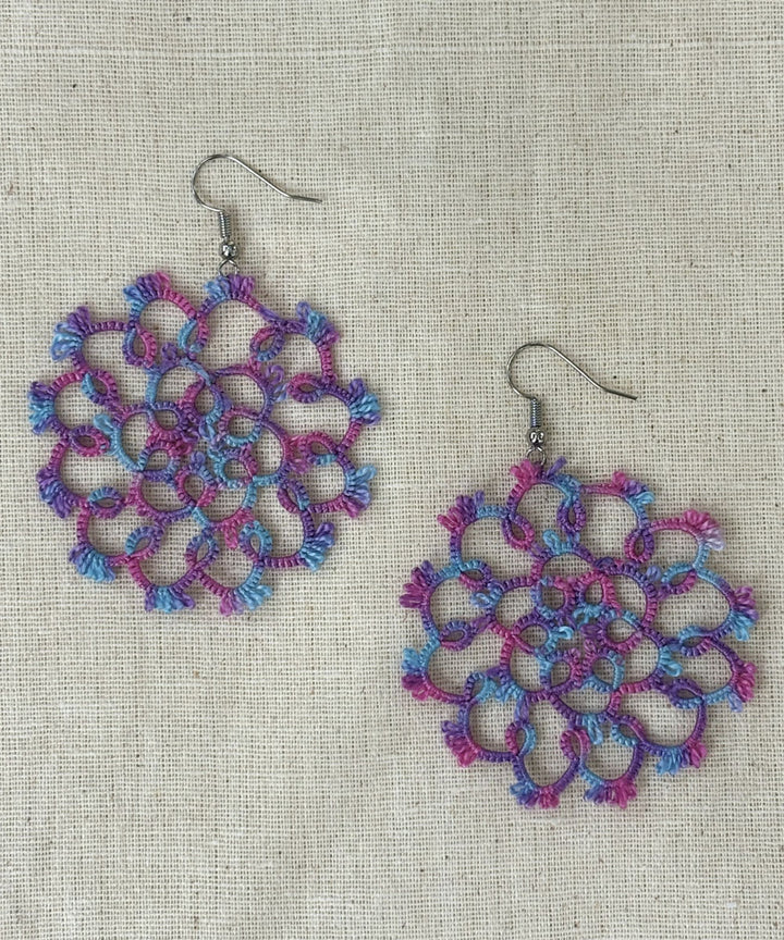 Navy blue cyan blue handmade tatting cotton earring