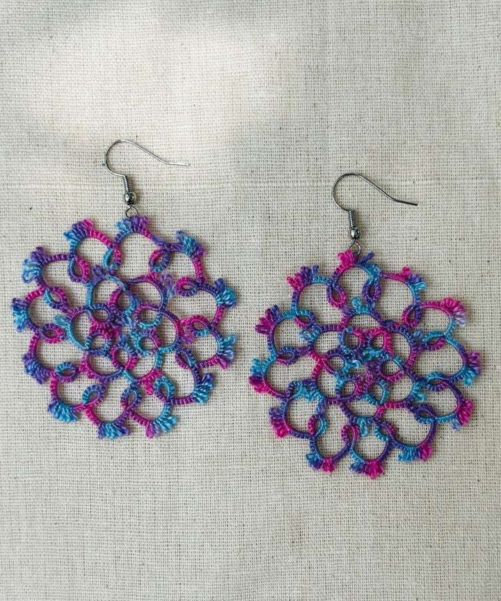 Navy blue cyan blue handmade tatting cotton earring