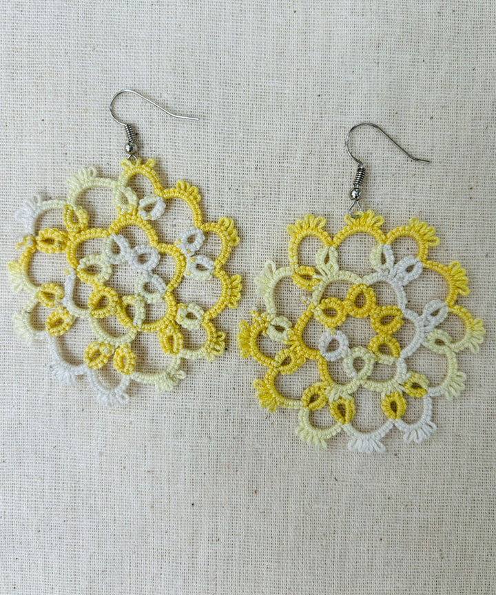 Yellow white handmade tatting cotton earring