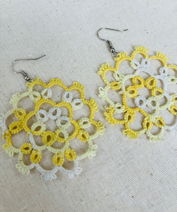 Yellow white handmade tatting cotton earring