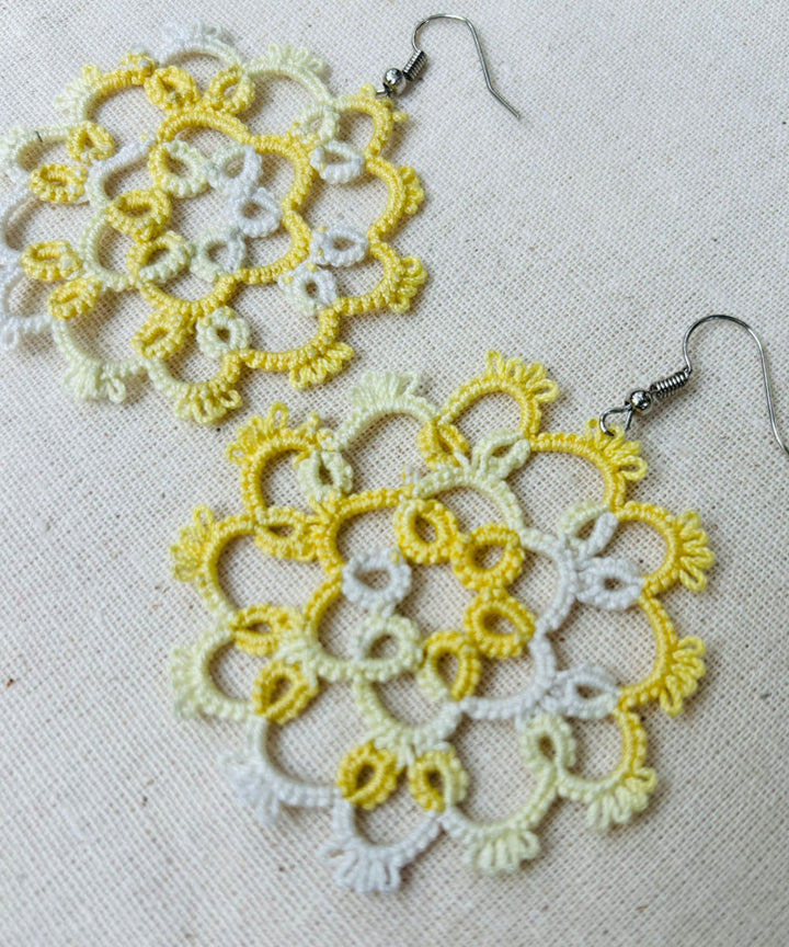 Yellow white handmade tatting cotton earring