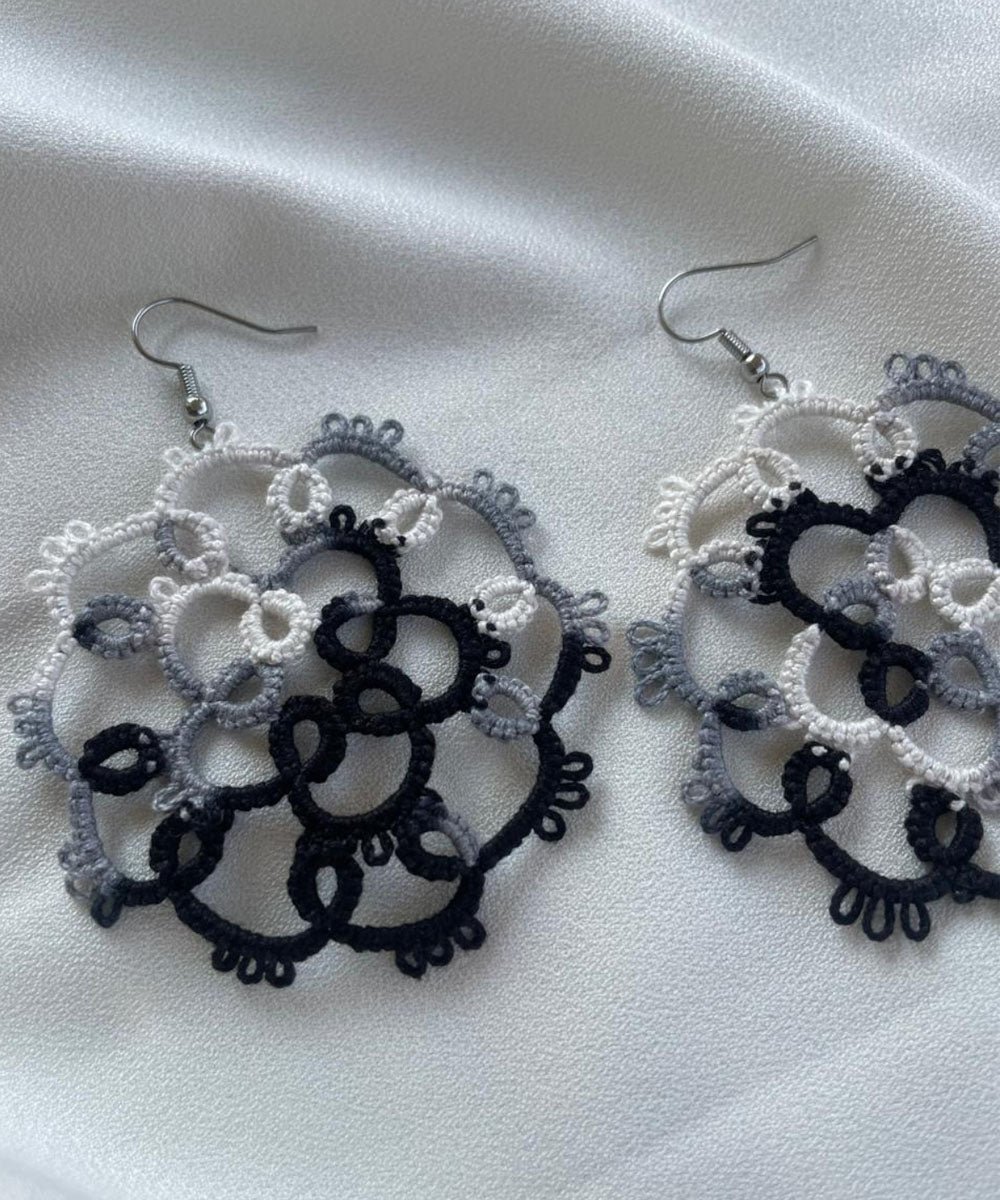Black white handmade tatting cotton earring