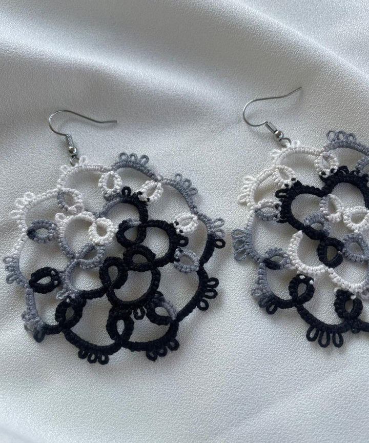 Black white handmade tatting cotton earring