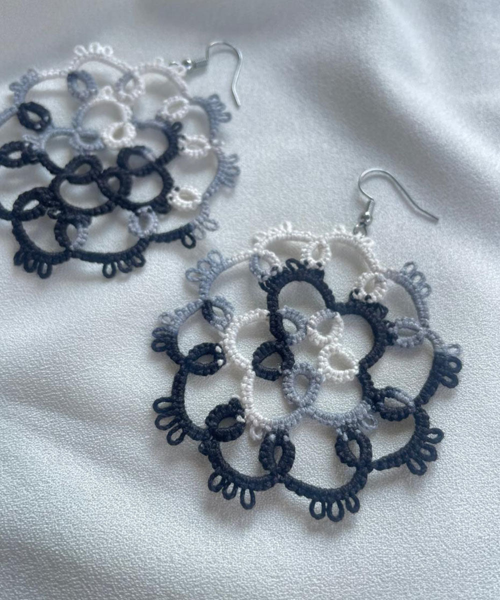 Black white handmade tatting cotton earring