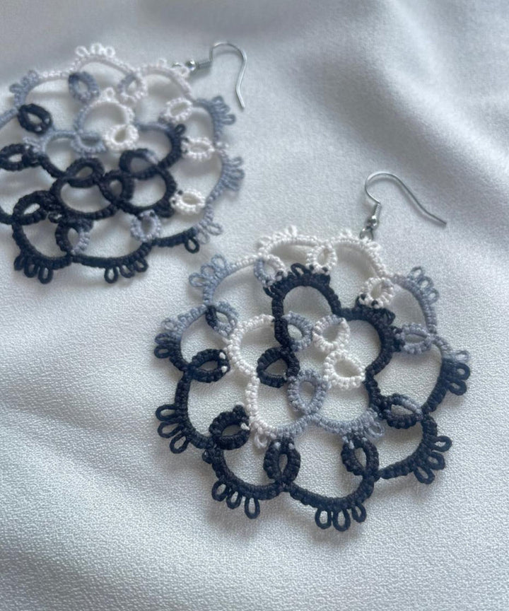 Black white handmade tatting cotton earring