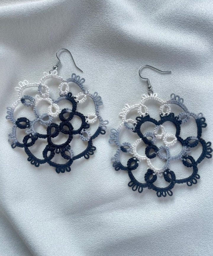 Black white handmade tatting cotton earring