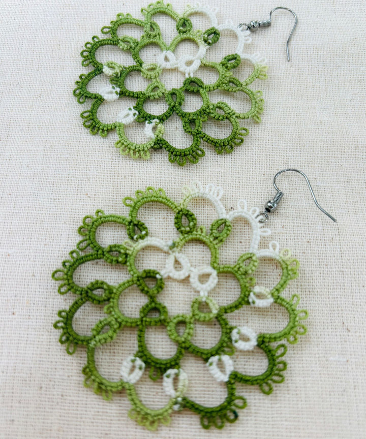 Dark green handmade tatting cotton earring