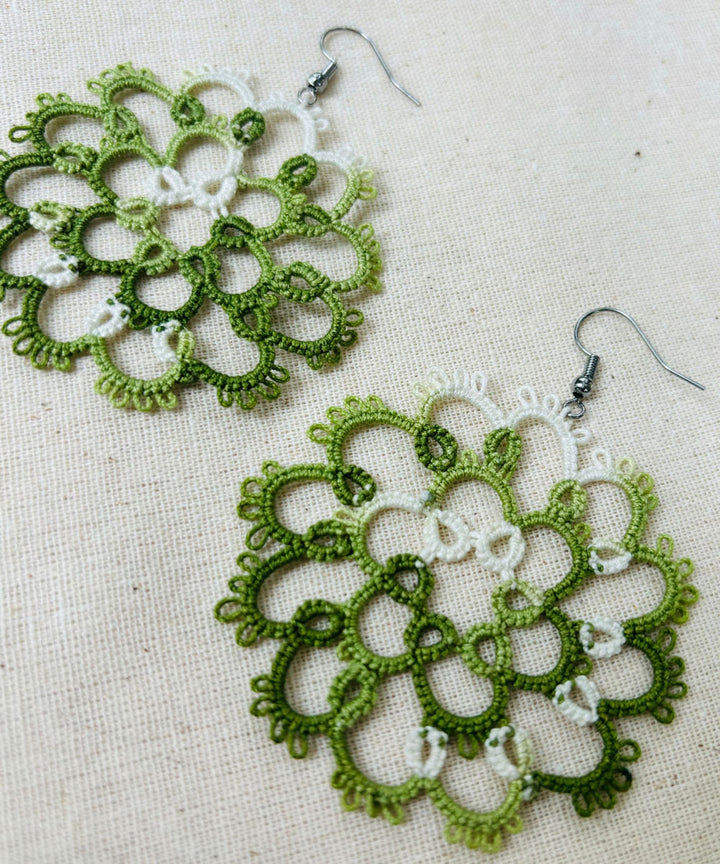 Dark green handmade tatting cotton earring