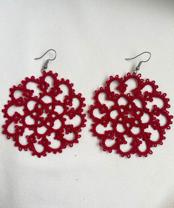 Maroon handmade tatting cotton earring