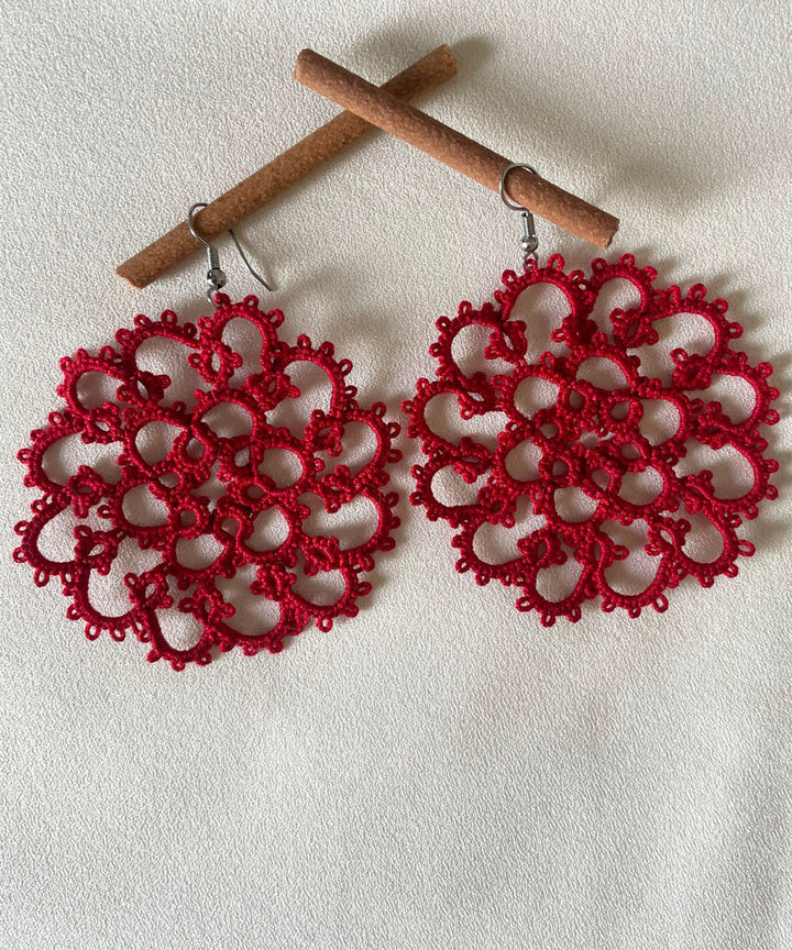 Maroon handmade tatting cotton earring