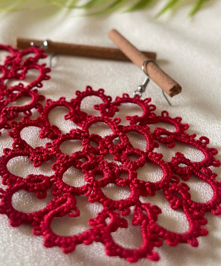Maroon handmade tatting cotton earring