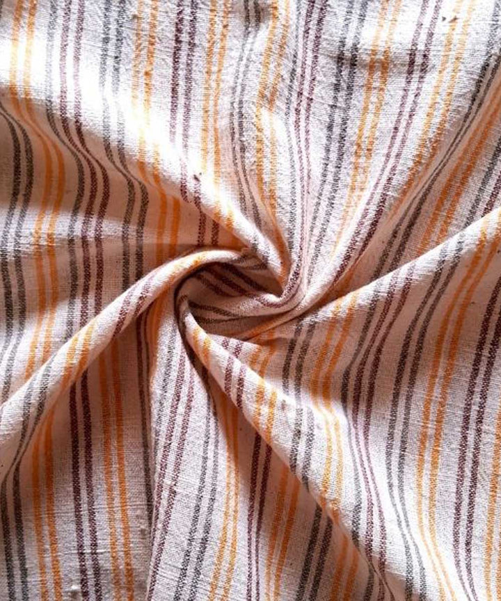 Yellow brown  grey stripe handwoven cotton khadi fabric