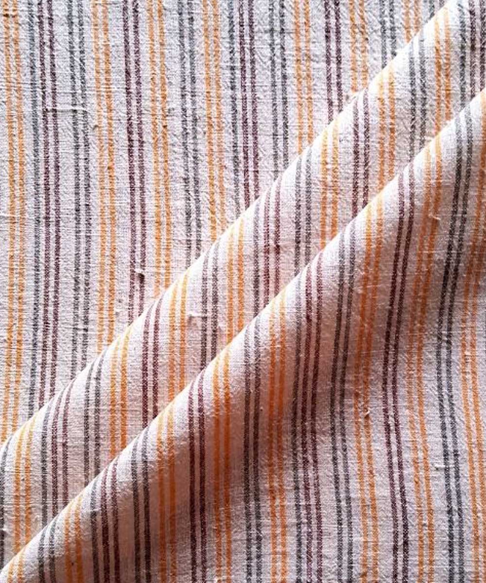 Yellow brown  grey stripe handwoven cotton khadi fabric