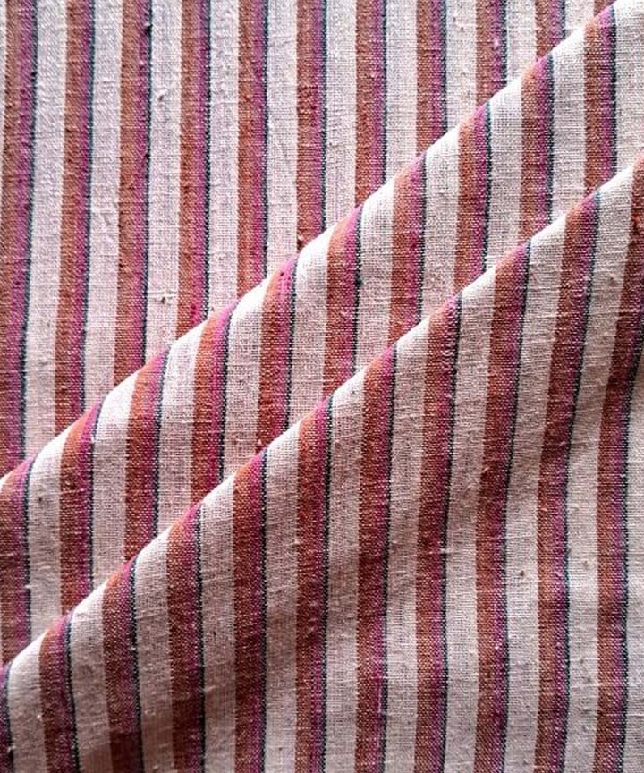 Peach  blue stripe handwoven cotton khadi fabric