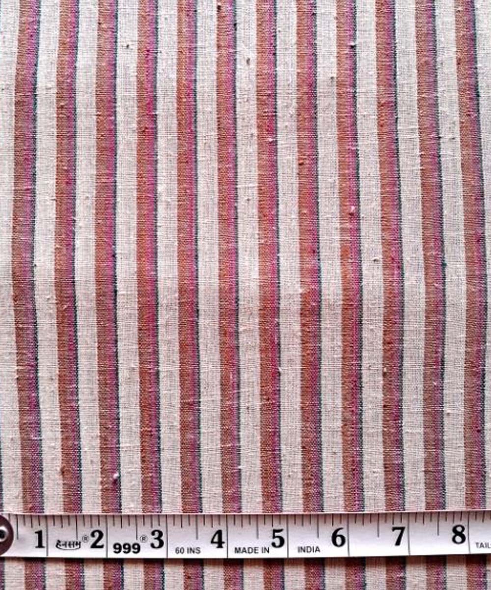 Peach  blue stripe handwoven cotton khadi fabric