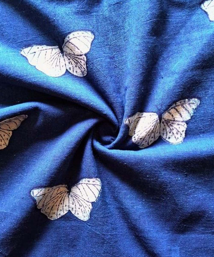 Indigo blue butterfly hand printed cotton khadi fabric