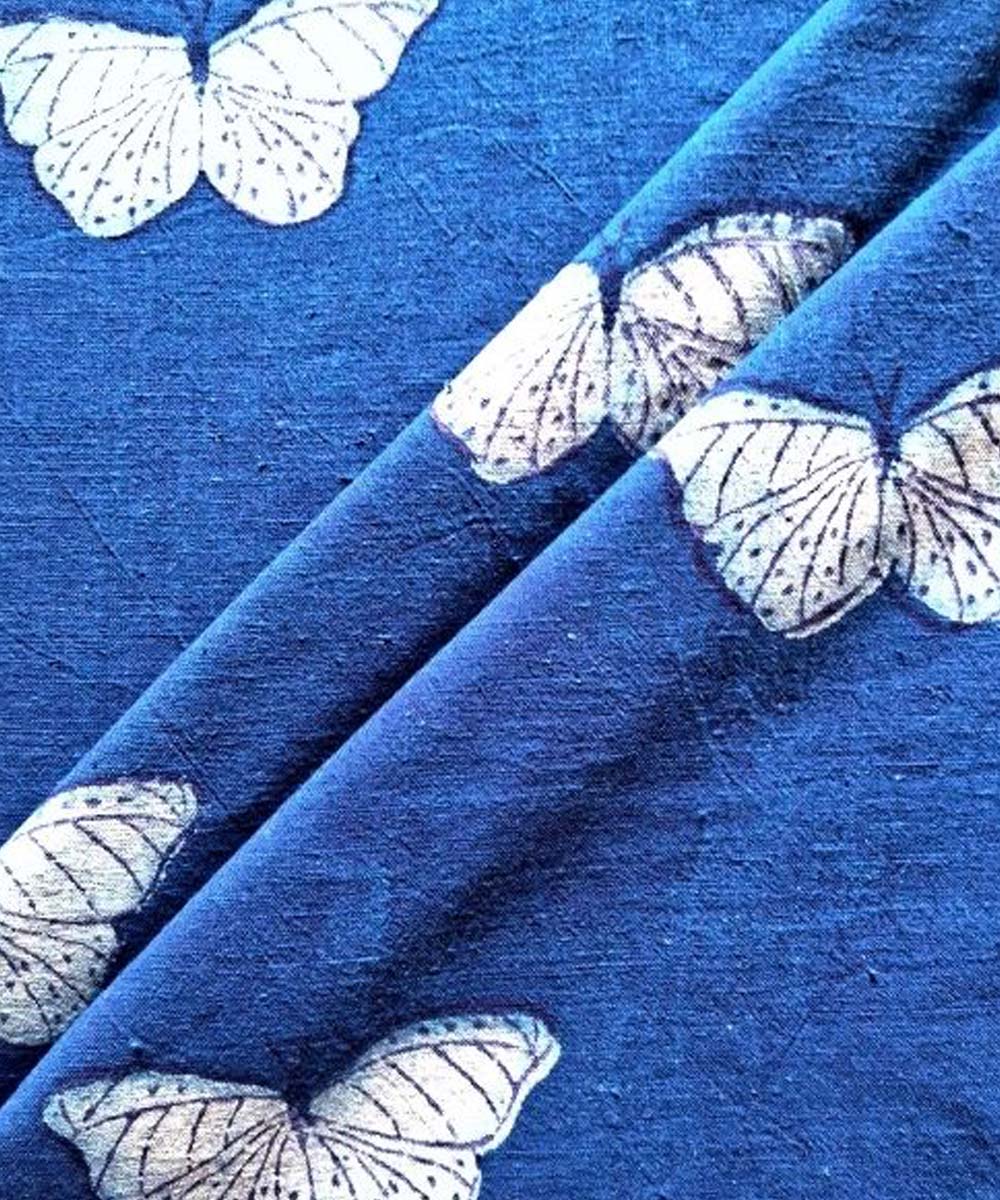 Indigo blue butterfly hand printed cotton khadi fabric