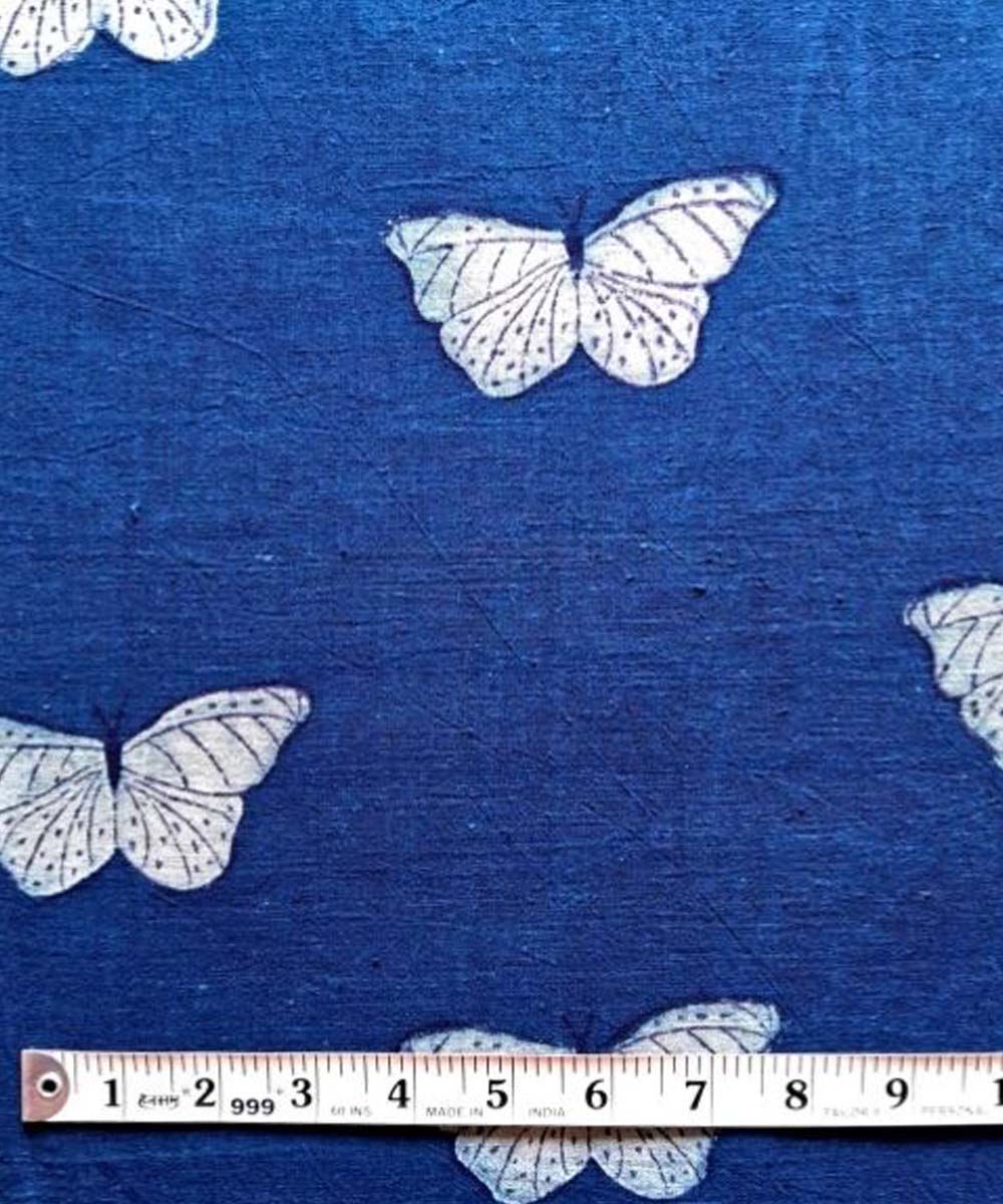 Indigo blue butterfly hand printed cotton khadi fabric