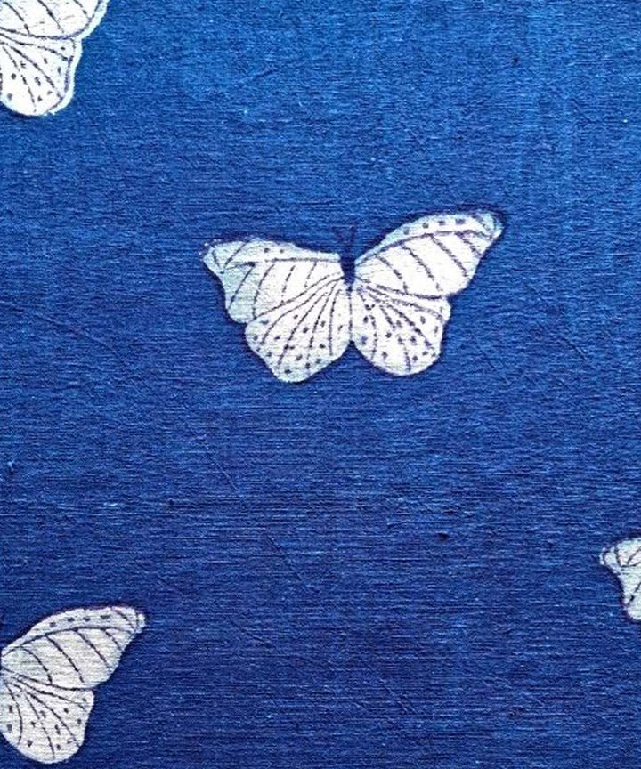 Indigo blue butterfly hand printed cotton khadi fabric
