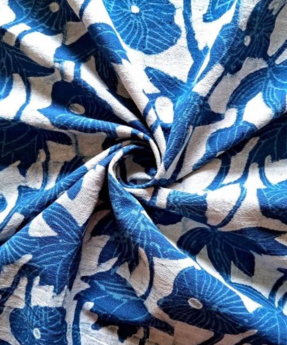 Indigo blue loyus pond hand printed cotton khadi fabric