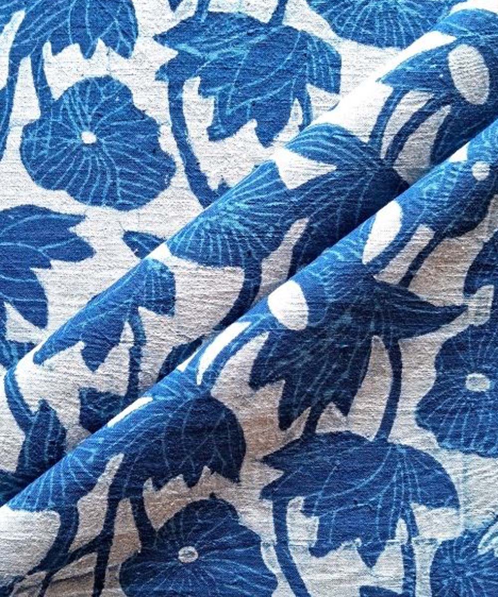 Indigo blue loyus pond hand printed cotton khadi fabric