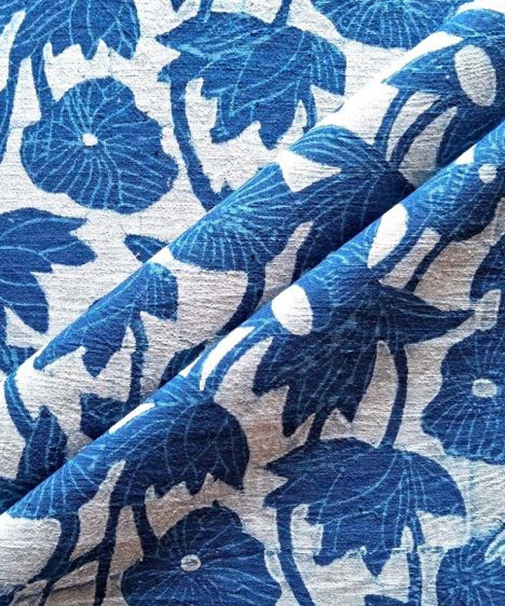 Indigo blue loyus pond hand printed cotton khadi fabric