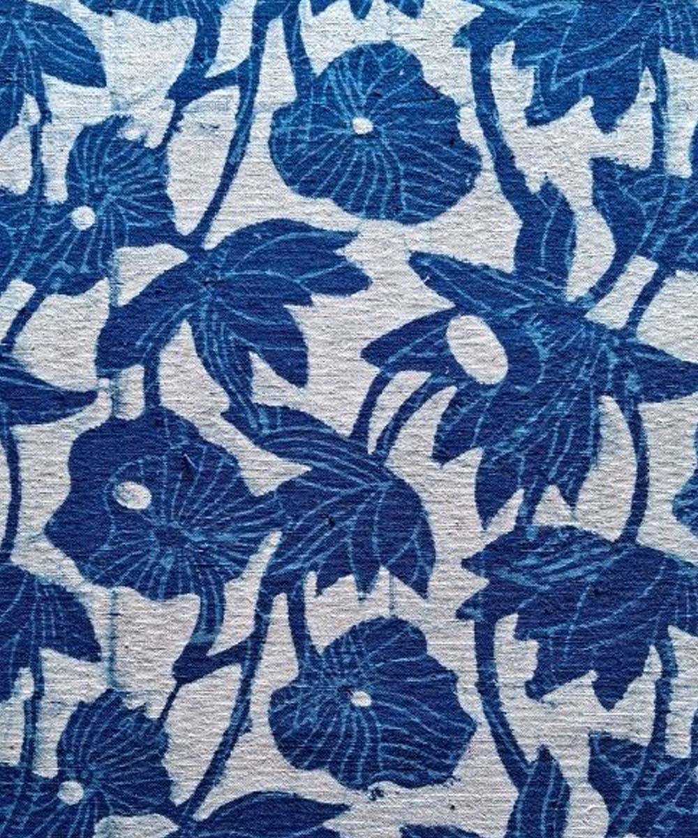 Indigo blue loyus pond hand printed cotton khadi fabric
