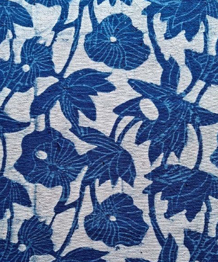 Indigo blue loyus pond hand printed cotton khadi fabric