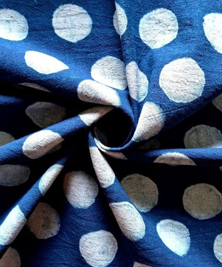 Indigo blue polka hand printed cotton khadi fabric