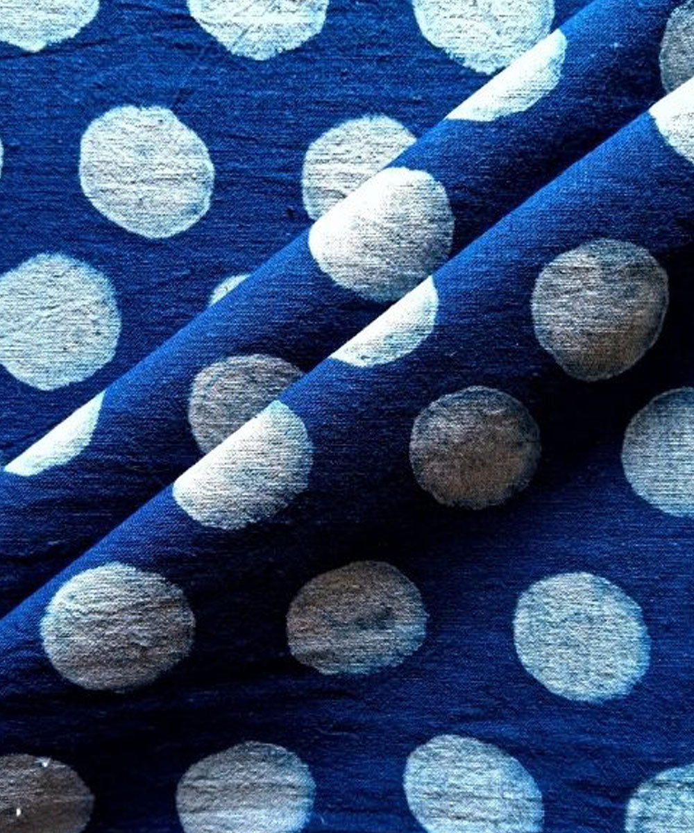Indigo blue polka hand printed cotton khadi fabric
