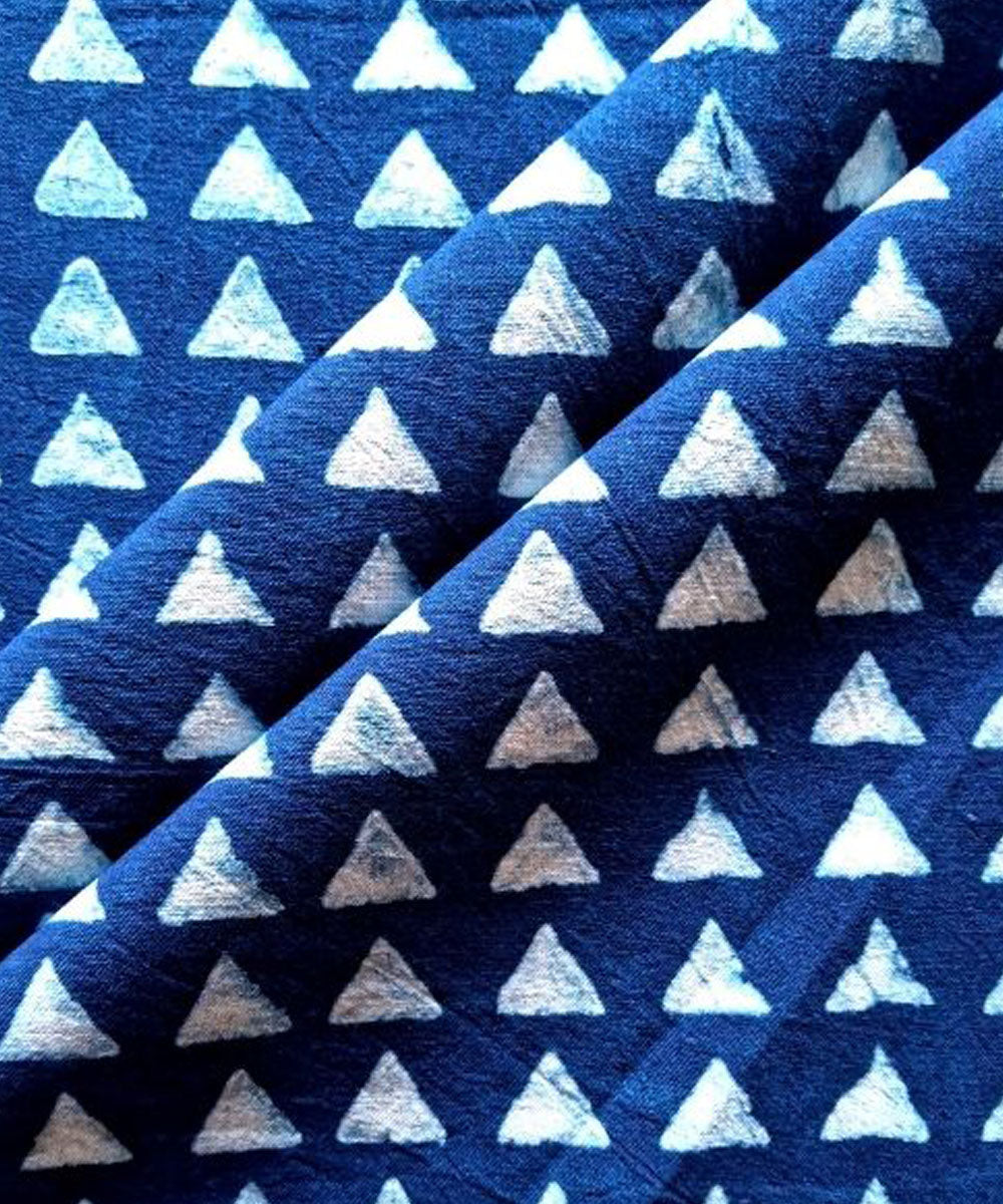 Indigo blue small triangle hand printed cotton khadi fabric