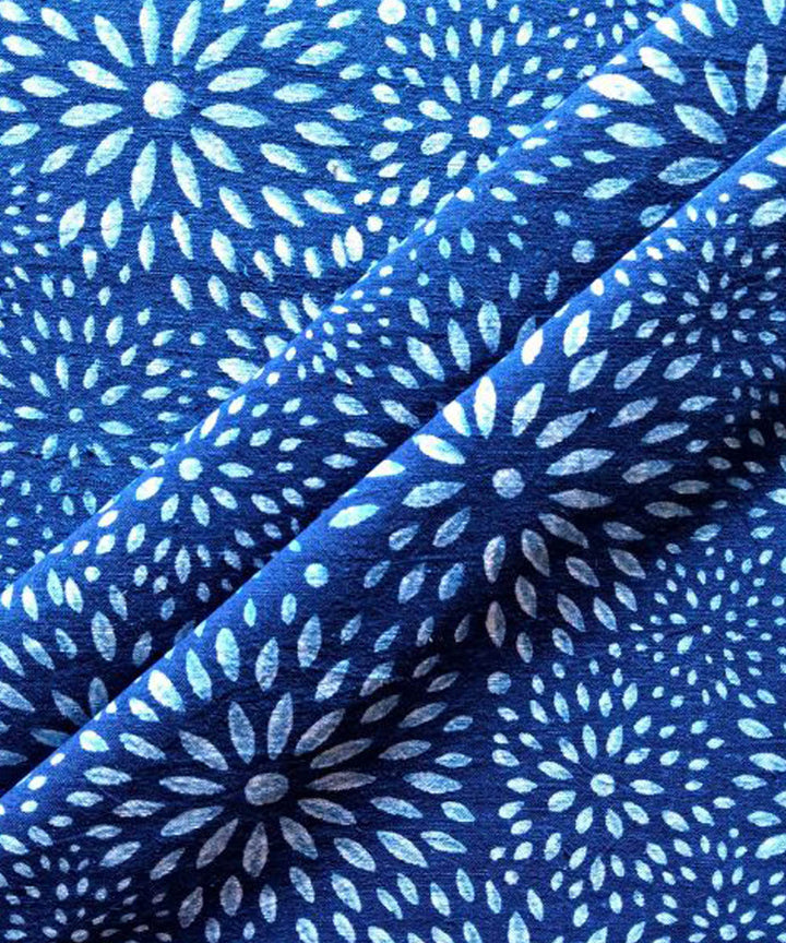 Indigo blue floral hand printed cotton khadi fabric