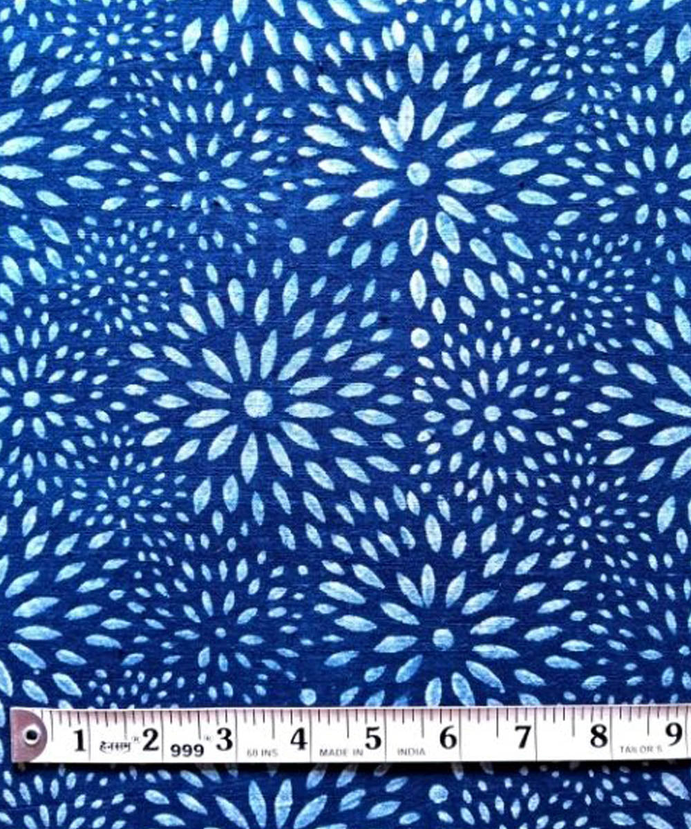 Indigo blue floral hand printed cotton khadi fabric