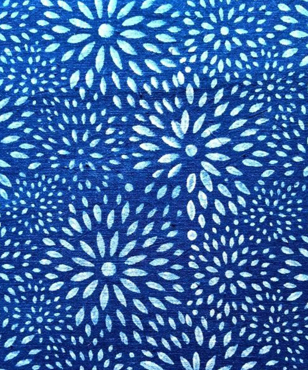 Indigo blue floral hand printed cotton khadi fabric