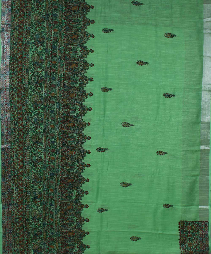 Light green black cotton handwoven madhubani painting saree
