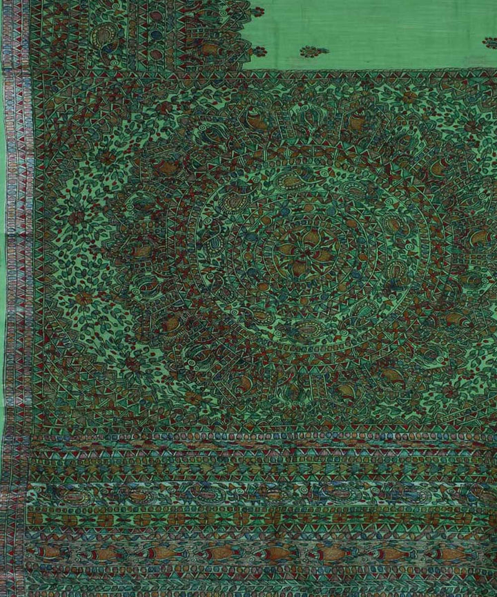 Light green black cotton handwoven madhubani painting saree