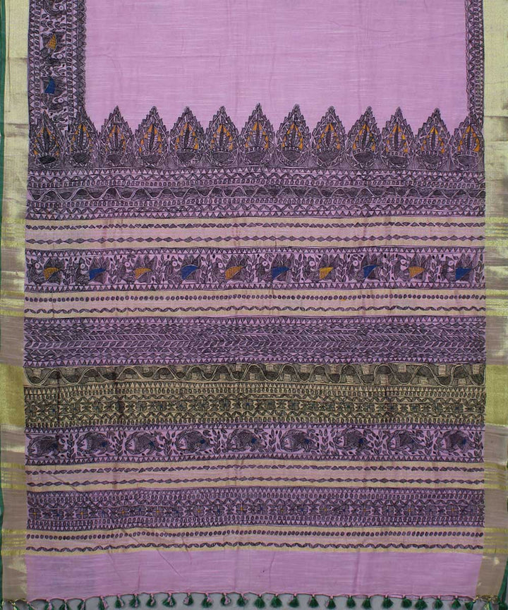 Pink black cotton handwoven madhubani painting saree