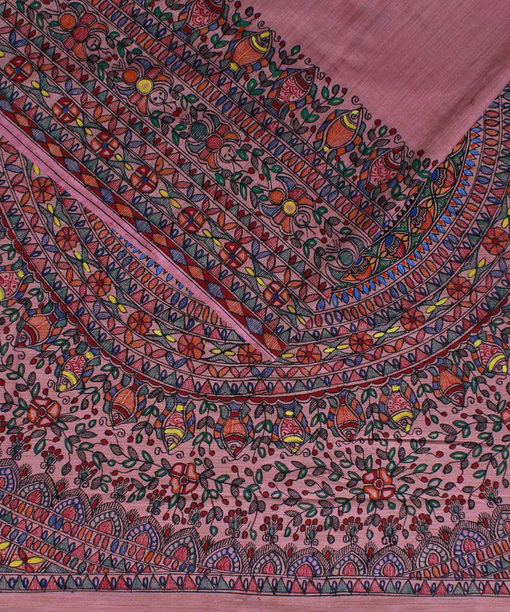 Peach black cotton handwoven madhubani painting saree