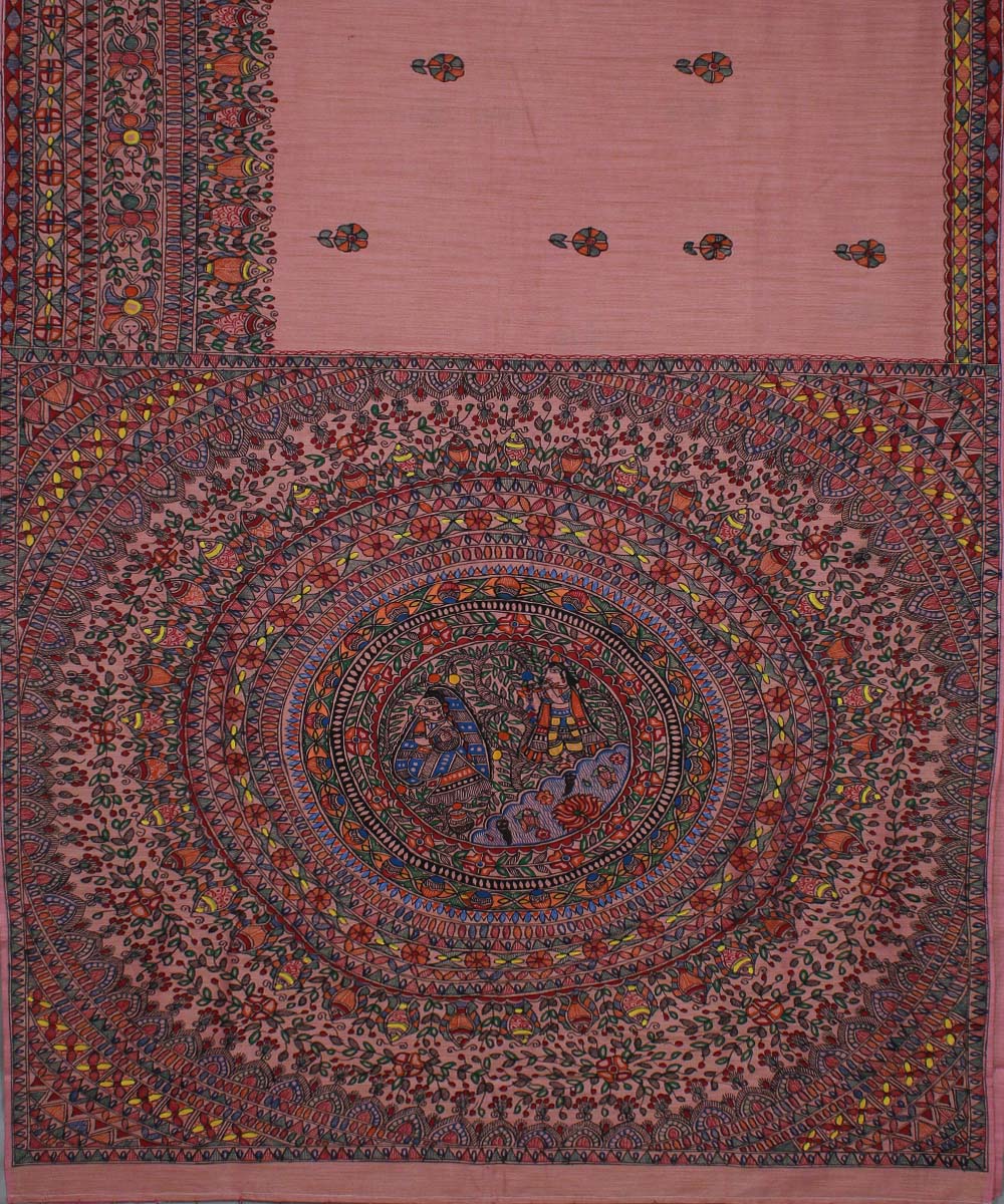 Peach black cotton handwoven madhubani painting saree