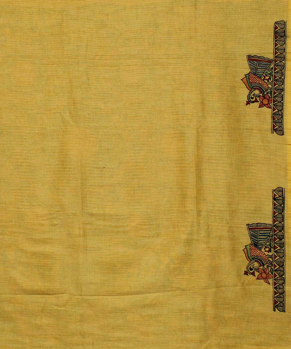 Yellow green cotton handwoven madhubani painting saree
