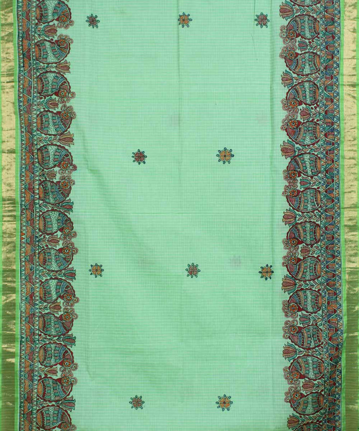 Light green handwoven madhubani painting cotton saree