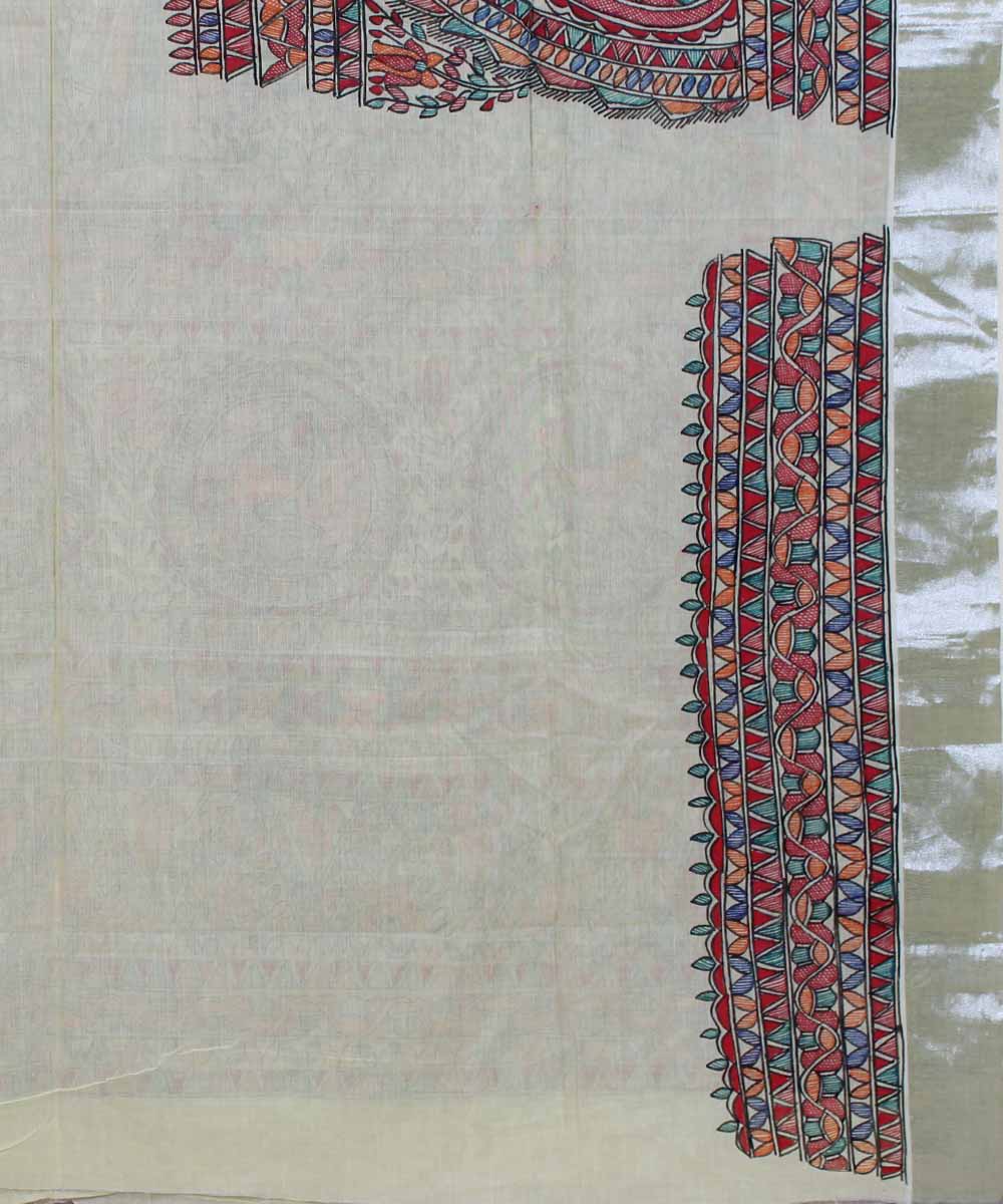 Cream handwoven madhubani painting cotton saree