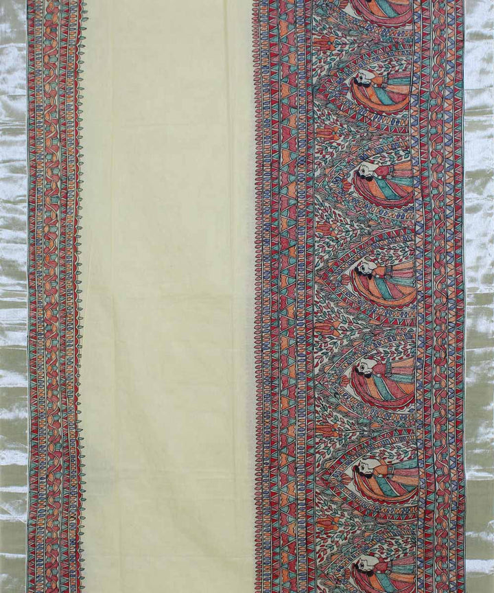 Cream handwoven madhubani painting cotton saree