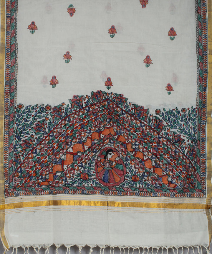 Offwhite cotton silk handwoven madhubani painting dupatta