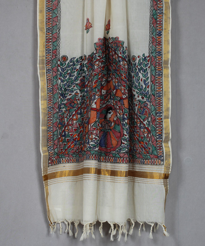 Offwhite cotton silk handwoven madhubani painting dupatta