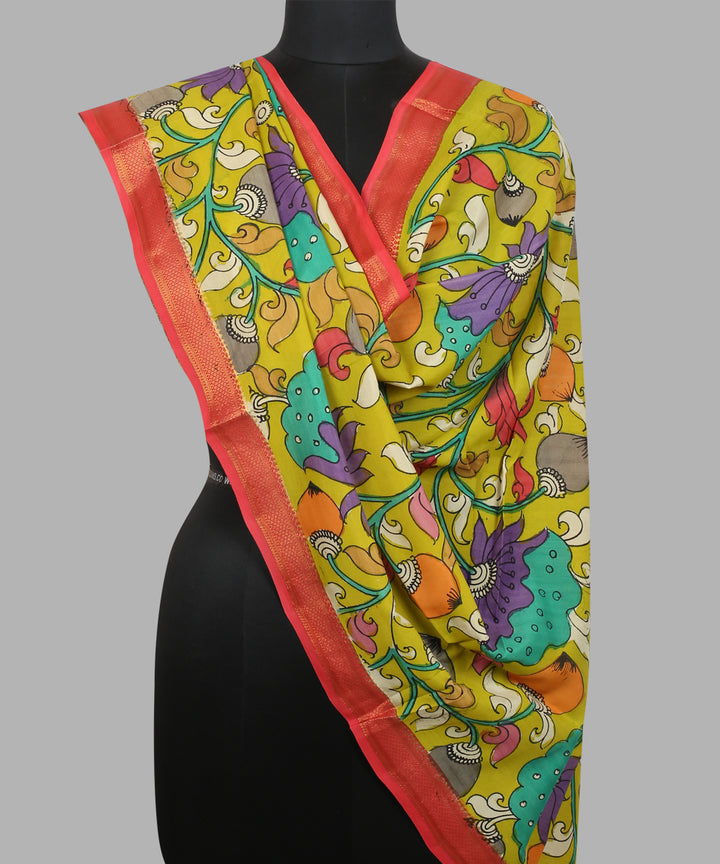 Yellow multicolour cotton silk hand painted kalamkari dupatta