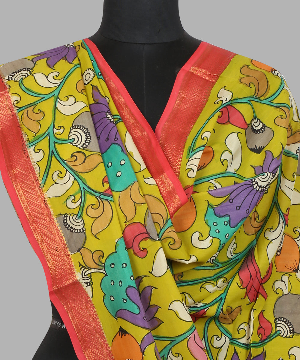 Yellow multicolour cotton silk hand painted kalamkari dupatta