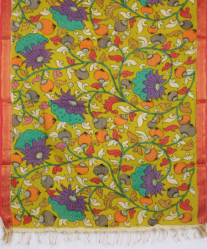 Yellow multicolour cotton silk hand painted kalamkari dupatta